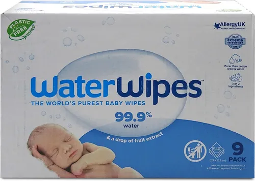 WaterWipes Feuchttücher Baby, 540 Tücher, unparfümiert - Babypflege, besonders sanfte Reinigung für empfindliche Haut, 99,9% gereinigtes Wasser, ideal für Frühchen und Allergiker, plastikfrei und dermatologisch getestet.