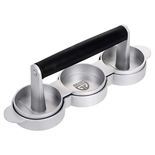 GRÄWE Hamburgerpresse für 3 Mini-Burger Patties - Praktische 3er Mini Burgerpresse aus Aluguss mit Antihaftbeschichtung, ideal für gleichmäßige Patties (Durchmesser: 6,5 cm). Inklusive 60 Blatt Backpapier für müheloses Zubereiten von köstlichen Mini-Burgern.