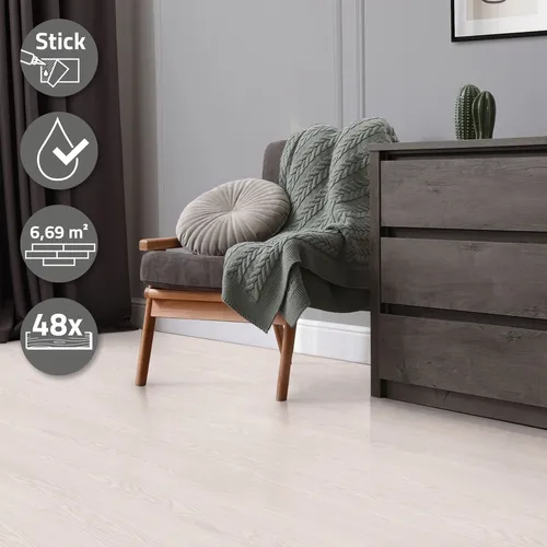 ML-DESIGN Selbstklebende Vinyl-Dielen - Weiß Eiche - Vinylboden, wasserfest und rutschfest, ideal für Küchen und Badezimmer. Einfache Verlegung mit 16 Planken für insgesamt 2,23 m² – perfekter Bodenbelag für jeden Raum!