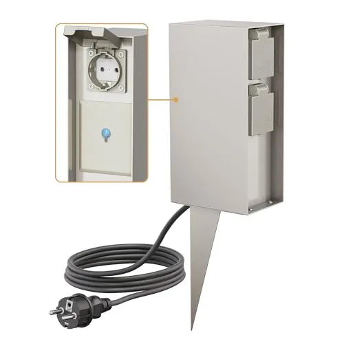ledscom.de Garten-Steckdosensäule POMI mit Erdspieß und 2m Kabel für außen, IP44, Smart Home, WLAN, Alexa, 3-Fach, Edelstahl, eckig, 23cm