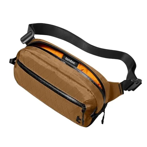 tomtoc X-Pac Sling Bag für Herren Damen, 3,5 Liter Bauchtasche Brusttasche Gürteltasche Schultertasche Umhängetasche Crossbody Bag mit RFID Schutz für Wandern Travel Reise Alltag, Braun