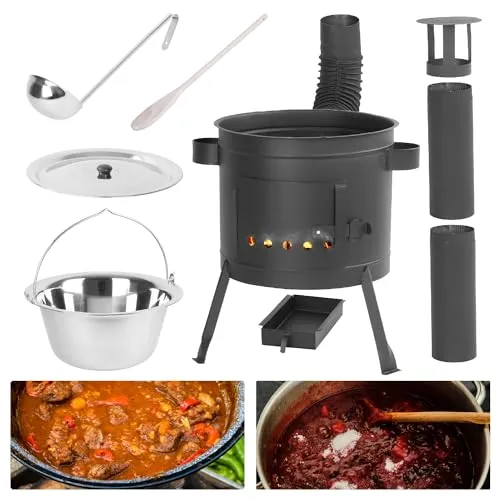 STREND PRO Gulaschkanone | Gulaschkessel mit Deckel 13L, Schöpfkelle,Rührlöffel | UTSCHAK | kesselgulasch Topf | Camping Cooking Set für Outdoor Kochen | Feldküche - Eintopfofen Suppentopf Gulasch