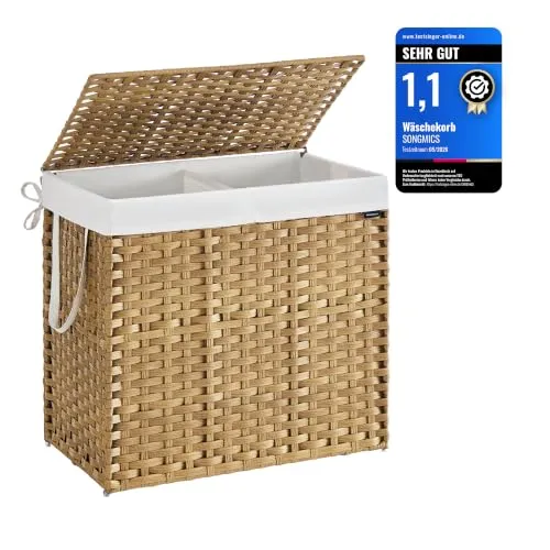 SONGMICS Wäschekorb 160 L mit Deckel und 2 Fächern in beige von SONGMICS