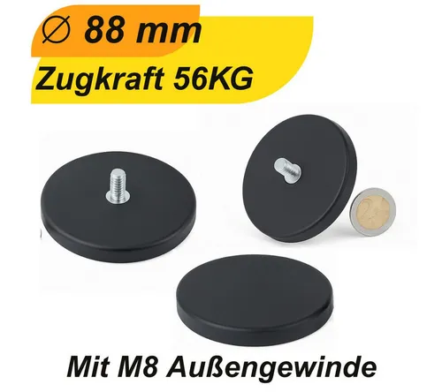 MaajeeKuto Magnet Gummitopfmagnet Ø88 mm M8 Innengewinde 55 kg Haftkraft Neodym Magnet (3-St)