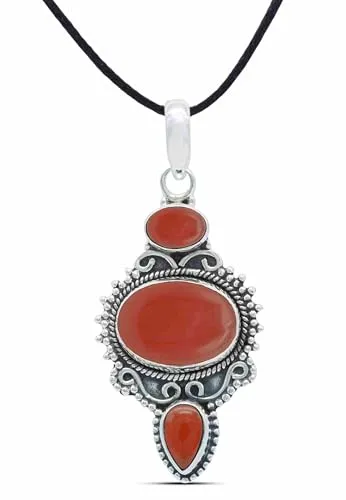 mantraroma Kettenanhänger 925 Silber Karneol orange roter Stein Edelstein Kettenanhänger Damen Sterling Silber Halskette Anhänger Geschenk (MAH-076-16)