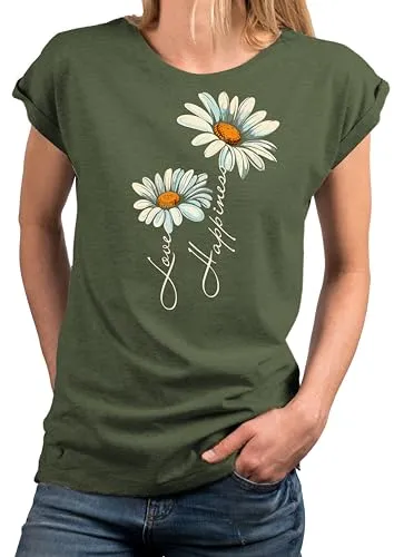 MAKAYA T-Shirt mit Blumendruck Damen Top Gänseblümchen Blumen Shirts Blumenprint Grün Große Größen L