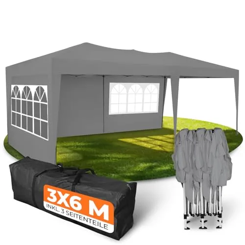 Kronenburg Faltpavillon 3x6 m - Wasserdicht mit 3 Seitenteilen und UV-Schutz 50+, Grau - Schnell einsatzbereiter Faltpavillon für Gartenpartys, Festivals und Märkte. Mit stabilem, rostfreiem Gestell und 100 % wasserdichtem Dach. Inklusive praktischer Transporttasche und Aufbauanleitung.
