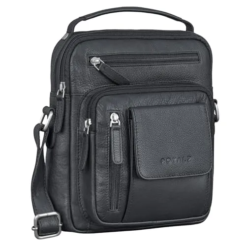 ROYALZ 'Fargo' kompakte Echtleder Alltagstasche für Männer - Umhängetasche Herren klein Leder im Vintage Look - kleine Ledertasche zum Umhängen 11 Zoll Tablettasche, Farbe:Schwarz