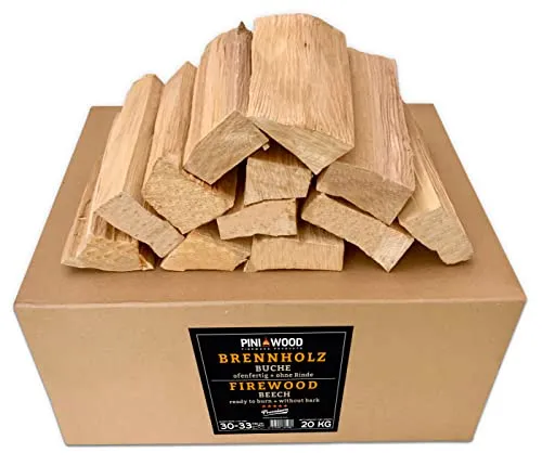 PINI Grillholz OHNE RINDE Buche 20 Kg - Brennstoffe - Hochwertiges, kammergetrocknetes Buche-Grillholz, rauchlos und schnellanzündend, ideal für Pizzaöfen und Kamine.
