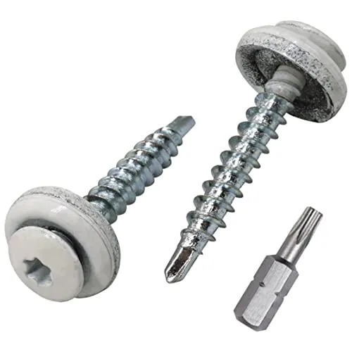 SKIR'CO (150 Stück) Dachschrauben 4,8 x 35 mm lackierte selbstbohrende Schrauben mit EPDM-Unterlegscheiben, Torx-Kopf (Reinweiß RAL 9010)