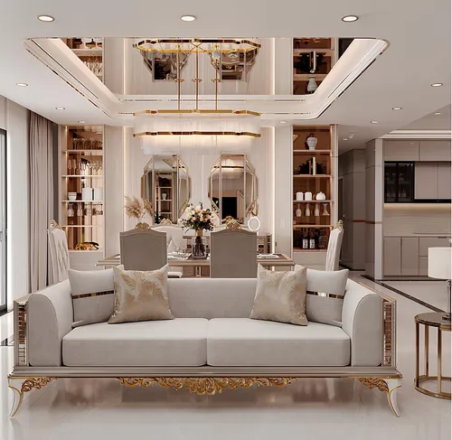 Stilvolles 3-Sitzer Sofa in Beige mit goldenen Akzenten - Abteilung: Wohnzimmer, modernes Design, komfortabel und elegant für entspannte Stunden mit Freunden und Familie.