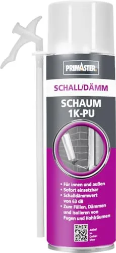 Primaster Schall- Dämm-Schaum 1K-PU 500ml - Montageschaum zur effektiven Schalldämmung mit einem Wert von 63 dB, ideal zum Füllen und Isolieren von Fugen und Hohlräumen, sofort einsatzbereit und feuchtigkeitshärtend.