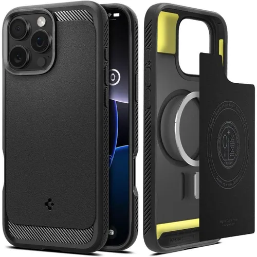 Spigen Rugged Armor MagFit Hülle für iPhone 16 Pro - Kompatibel mit MagSafe, matte schwarze TPU-Hülle mit Karbon-Look und Stoßschutz