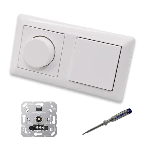 EBROM SET IDEE: JUNG 1730DD LED Drehdimmer Dimmer + Dimmerscheibe A1740WW und Lichtschalter 506U in alpinweiß glänzend inklusive EBROM Phasenprüfer zur Montage der Geräte u.A. 1730 DD