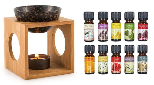Levandeo® Duftlampe - Aromaspender aus Keramik und Holz - Moderne Duftlampe aus Bambusholz mit 10 verschiedenen ätherischen Ölen für ein angenehmes Raumklima. Ideal zur Entspannung oder besseren Konzentration.