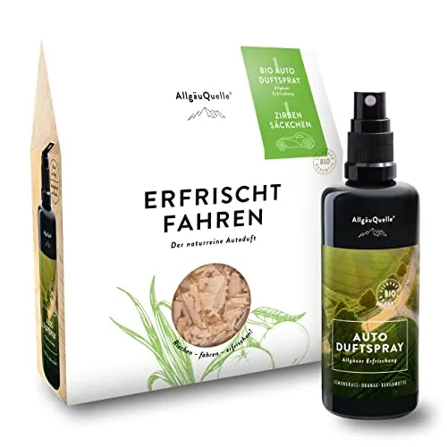AllgäuQuelle® Auto Duftspray - Natürlicher Lufterfrischer mit Lemongrass, Orange & Bergamotte - Lufterfrischer für Kraftfahrzeuge, 100% natürliche ätherische Öle ohne künstliche Zusätze, ideal für ein erfrischendes Fahrerlebnis im Auto oder Wohnmobil.
