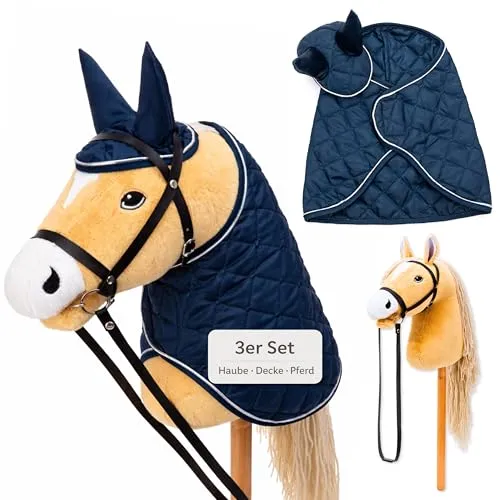 Hoofly® Hobby Horse Set – Großes Steckenpferd für Kinder mit Decke & Fliegenhaube | Komplettes Hobby Horsing Set mit Trense & 35 cm Schraubstab | Beiges Pferd – Blaues Zubehör
