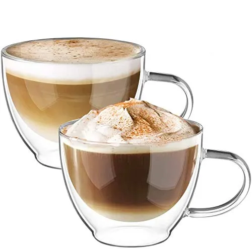 ecooe Doppelwandige Cappuccino Tassen 2er Set - Kaffee- & Teegläser aus hochwertigem Borosilikatglas, doppelwandig für optimalen Hitzeschutz – ideal für heiße und kalte Getränke ohne Verbrennungsgefahr.