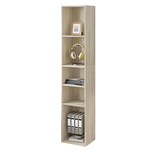 WOLTU Bücherregal, offenes Regal mit 5 Würfeln, Würfelregal Raumteiler Standregal Aktenregal Aufbewahrungsregal schmal, in Wohnzimmer Büro, aus Holzwerkstoff, Helle Eiche, 30x151x26cm,SK034hei