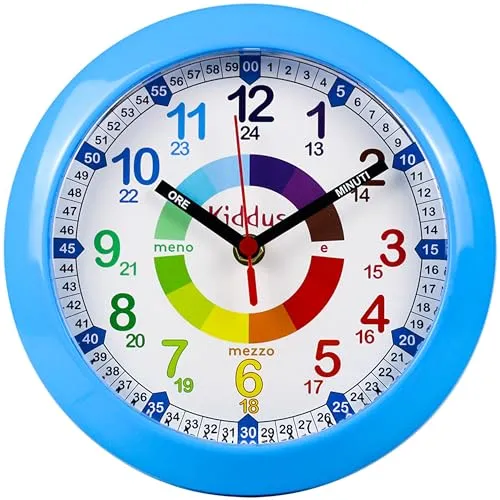 Kiddus Wanduhr für Kinder. Analoger Zeitlehrer mit Zeitlernübungen. Stilles Uhr. Viele Sprachen. Italiano BLU