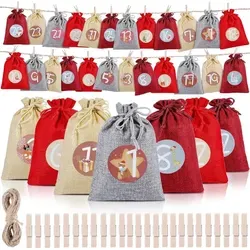 Adventskalender Groß mit 24 Jute Säckchen - DIY Adventskalender aus nachhaltigen Materialien, 24 Jutesäckchen mit aufgedruckten Zahlen und Mustern, ideal zum Befüllen und Basteln für eine festliche Weihnachtszeit.