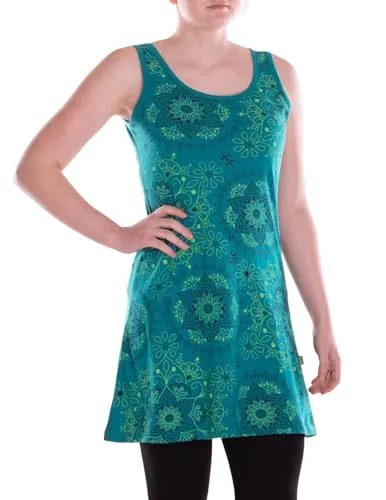 Vishes Alternative Bekleidung - Damen Mini-Kleid Baumwolle Blumen-Muster A-Linie rundhalsig ohne Bündchen türkis 40