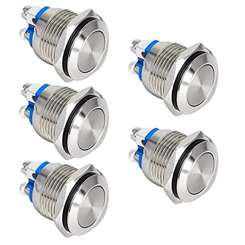 GUUZI 5 Stück 19mm 2A 12V/24V/125V/250VAC Momentaner Wasserdichter Drucktaster mit Schraubklemmen, Edelstahl-Drucktaster (Flachkopf)