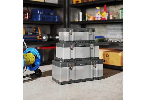 Homcom Werkzeugkoffer – 3-teiliges Set aus Kunststoff - Praktischer Werkzeugkoffer für Heimwerker, bestehend aus 3 verschiedenen Größen. Robustes Design aus Edelstahl und stoßfestem Kunststoff für Langlebigkeit und einfache Organisation von Werkzeugen.