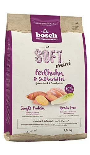 Bosch HPC SOFT Mini Perlhuhn & Süßkartoffel - Halbfeuchtes Hundefutter für kleine Rassen - Hundefutter für ausgewachsene Hunde kleiner Rassen, grain-free und mit 50 % frischem Perlhuhn. Ideal für ernährungssensible Hunde mit Allergien.