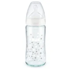 NUK First Choice + Glasflasche, Babyflasche, Temperaturanzeige, Kiefergerechte Trinkflasche mit eingebauter Temperaturanzeige, Fassungsvermögen: 240 ml, farbig sortiert 10.212.048