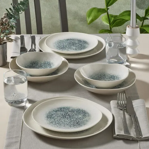 GÜRAL Roden Tafelservice 24-tlg., 6 Personen, Bone Porzellan, Creme mit blauer Struktur