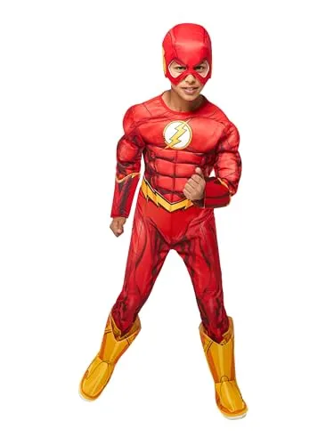 Rubie's Official DC Superhero The Flash Deluxe Kinderkostüm - Kostüme für Kinder: Offizielles The Flash Deluxe Kostüm mit Muskelbrust-Overall und 3D-Details für ein authentisches Superhelden-Erlebnis.