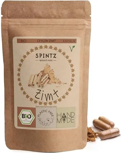 SPINTZ 260 Stk. Bio Ceylon Zimt Kapseln - vegane Zimt Kapseln hochdosiert - 500mg Ceylon Zimt Pulver aus biologischem Anbau - Ceylon Zimt Bio Gemahlen | plastikfrei verpackt