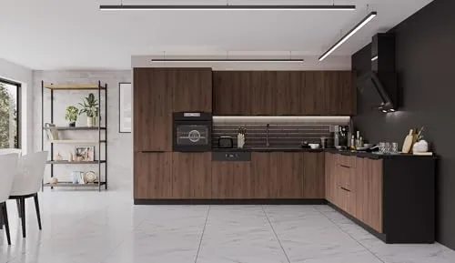 Winkelküche MONZA 350x290 cm - Küchenzeile im modernen Design, bietet großzügigen Stauraum und eine stilvolle Kombination aus Okapi Nussbaum und Schwarz.