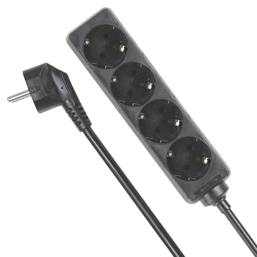 Perel Steckdosenleiste mit 4 Schuko-Steckdosen (Typ F) und Kindersicherung, 1,5 m H05VV-F 3G1.5 Kabel, 3500 W, kompakte Innenraum-Verlängerung, schwarz, IP20, 16 A, 230 V