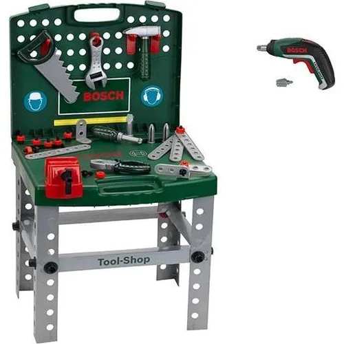 Theo Klein 8676 Bosch Tool Shop - Kunststoffspielzeug mit batteriebetriebenem Bosch Akkuschrauber Ixolino, zusammenklappbar und ideal für kleine Handwerker ab 3 Jahren.