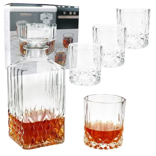 MamboCat Whilly Whisky Set 5tlg 1x Karaffe + 4X Gläser I eleganter Whiskey-Dekanter 720ml mit Deckel + Tumbler 300ml mit feinem Glasschliff I für Bourbon, Brandy & Co. I Geschenkidee