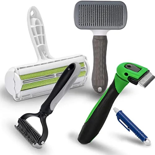 FinoPet Fellbürste Mega Set - 5-teiliges Set für Hunde und Katzen - Tierbürsten Set mit ergonomischem Griff, ideal zur Fellpflege von Langhaar- und Kurzhaarrassen. Enthält Bürsten, Fusselrolle und Zeckenzange für eine umfassende Pflege.