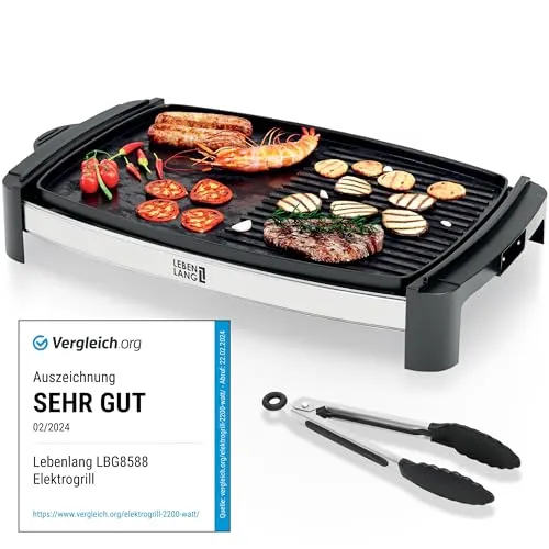 Elektrogrill Tischgrill elektrisch 2200 Watt - XXL Teppanyaki Grillplatte für 4-8 Personen, raucharm und ideal für drinnen oder draußen