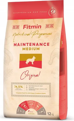 FITMIN DOG MAINTENANCE MEDIUM Trockenfutter für Hunde 12 kg - Premium-Trockenfutter für mittelgroße, aktive Hunde mit Geflügel, weizenfrei und fördert eine gesunde Verdauung. Ideal für ausgewachsene Hunde mit empfindlichem Magen.