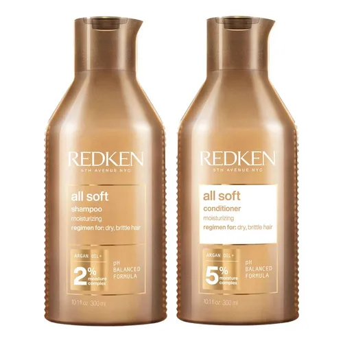 Redken All Soft Shampoo & Conditioner Set 600 ml - Haarpflege-Set mit 300 ml Shampoo und 300 ml Conditioner. Ideal für alle Haartypen und sorgt für geschmeidiges, glänzendes Haar. Perfekt für die tägliche Pflege von strapaziertem und trockenem Haar.