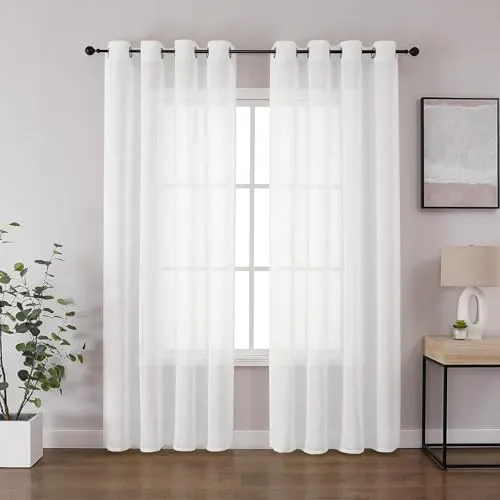 CUCRAF Leinenoptik Voile Vorhänge mit Ösen Gardine für Schlafzimmer Wohnzimmer, Off White,H225 x B140cm 2er Set