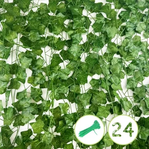 Nutabevr Pack of 24 Ivy Artificial Garland, 2.2m Lang Girlande Gefälschte Pflanzen mit 50 Grün Kabelbinder, Grünpflanzen Deko Wartungsfreie Künstliche für Küche, Hochzeit, Garten, Wanddekoration