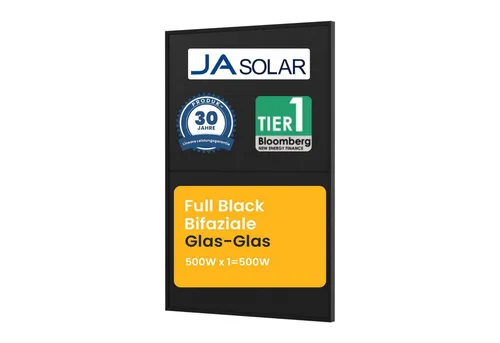Powerness® JASolar 500Wp Full Black Bifacial Solarmodul - Balkonkraftwerk mit innovativem zweiseitigem Design, das bis zu 30% mehr Energie durch Reflexionen von der Umgebung gewinnt.