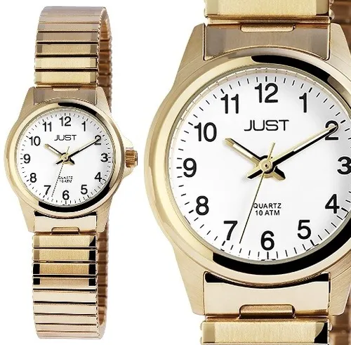 Damenuhr JUST JU10103 - Elegante Armbanduhr in Weiß und Gold - Armbanduhren für Damen mit elegantem Stretcharmband aus Edelstahl, wasserdicht bis 100 m und stilvolles 12-Stunden-Zifferblatt für jeden Anlass.