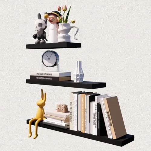 OVAS HOO Wandregal Holz, Regalbrett 3er-Set, Wanddeko Holz Wand Deko, Schweberegal Regale für Wohnzimmer, Küche, Arbeitszimmer,Kinderzimmer - Schwarz