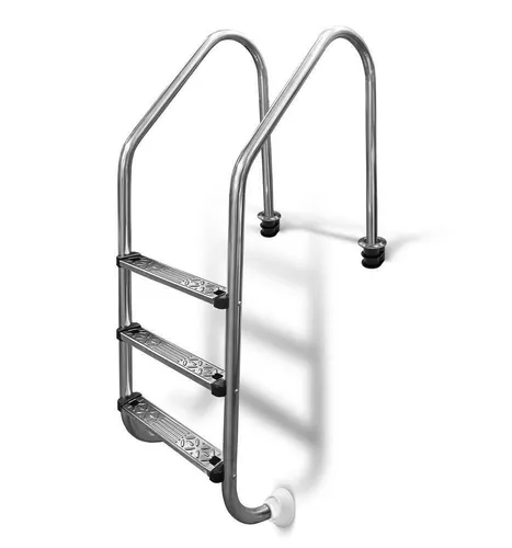 Edelstahl Poolleiter WEIT 120 cm - 3-stufige Treppe für sicheren Einstieg - Leitern & Treppen, aus rostfreiem V2A Edelstahl, chlorbeständig und rutschsicher für eine einfache Installation und sicheren Einstieg ins Wasser.