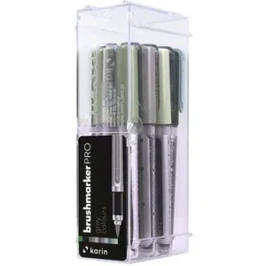 karin Brush-Pen 27C6 BrushmarkerPRO Grey Colours, 12 farbige Pinselstifte - Malfarben-Set mit 12 intensiven Farben, japanische flexible Nylonspitze für müheloses Mischen und Aufhellen, ideal für kreative Projekte.