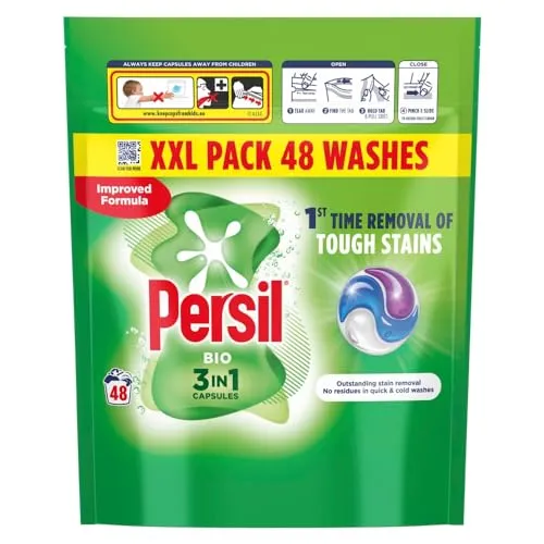 Persil Bio 3-in-1-Waschkapseln, erste Entfernung von hartnäckigen Flecken, hervorragende Fleckenentfernung in schnellen und kalten Waschgängen, 48 Wäschen