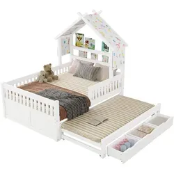 Hausbett mit Ausziehbett und 3 Schubladen, 140x200cm, Kinderbett mit Rausfallschutz